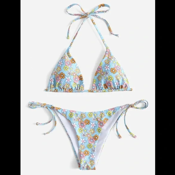 Light Blue & Multi-Colored, Floral, Bikini Set - Picture 2 of 6